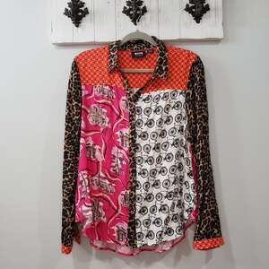 Anthropologie Maeve Paz Buttondown Shirt Womens M Mixed Print Leopard Bicycle